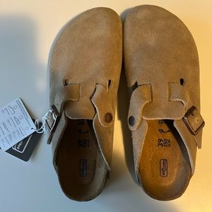 Birkenstock Boston Soft Footbed Suede Leather Taupe Slip On Unisex Shoes